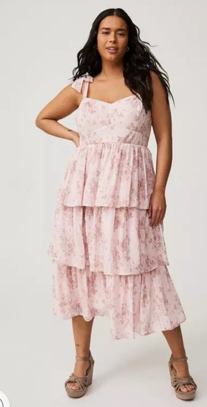 Torrid Floral Tiered Ruffle Midi Dress Womens SIze 2X Pink Boho Fairy Romantic